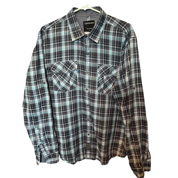 Calvin Klein Jeans button up western shirt plaid blue/black/white Large NWOT - Picture 1 of 9